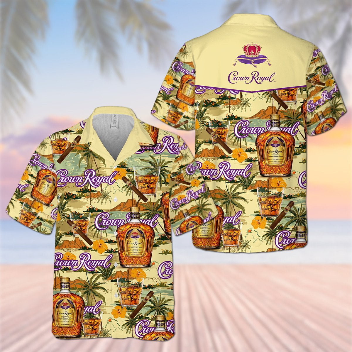 Crown Royal Whiskey Hawaiian Button Up Shirt Island Palm Leaves