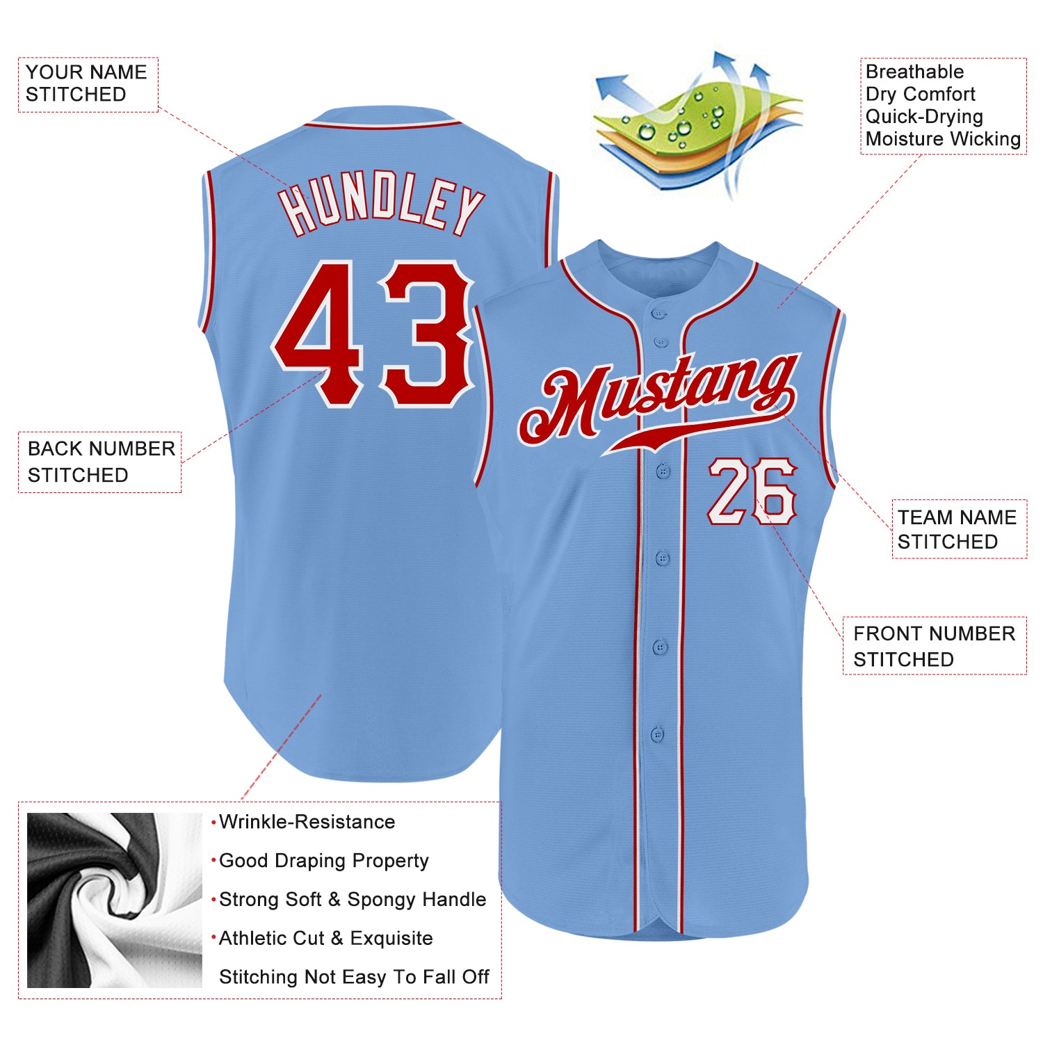 Custom Red Light Blue-White Authentic Baseball Jersey