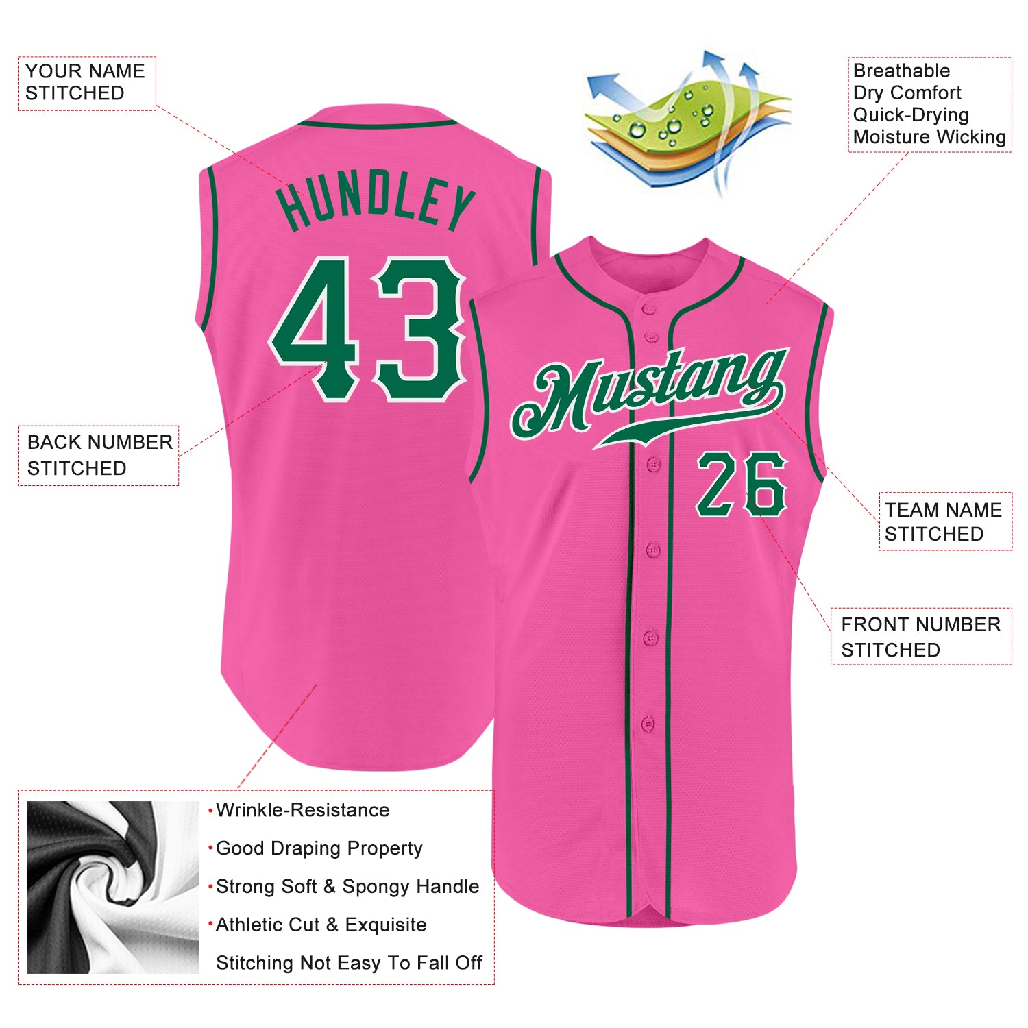 Custom Kelly Green Pink-White Authentic Sleeveless Baseball Jersey