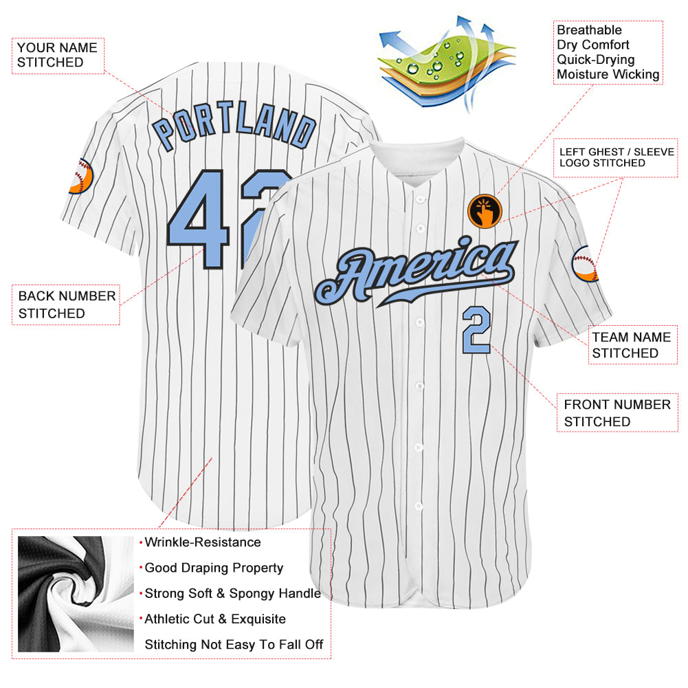 Custom Powder Blue White Pinstripe Black Authentic Baseball Jersey Discount