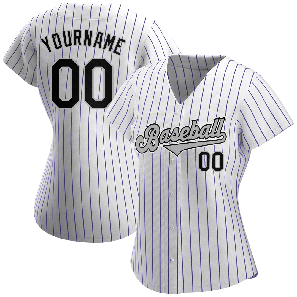 Custom White Purple Pinstripe Black-Gray Authentic Baseball Jersey for Men and Women - OwlOhh