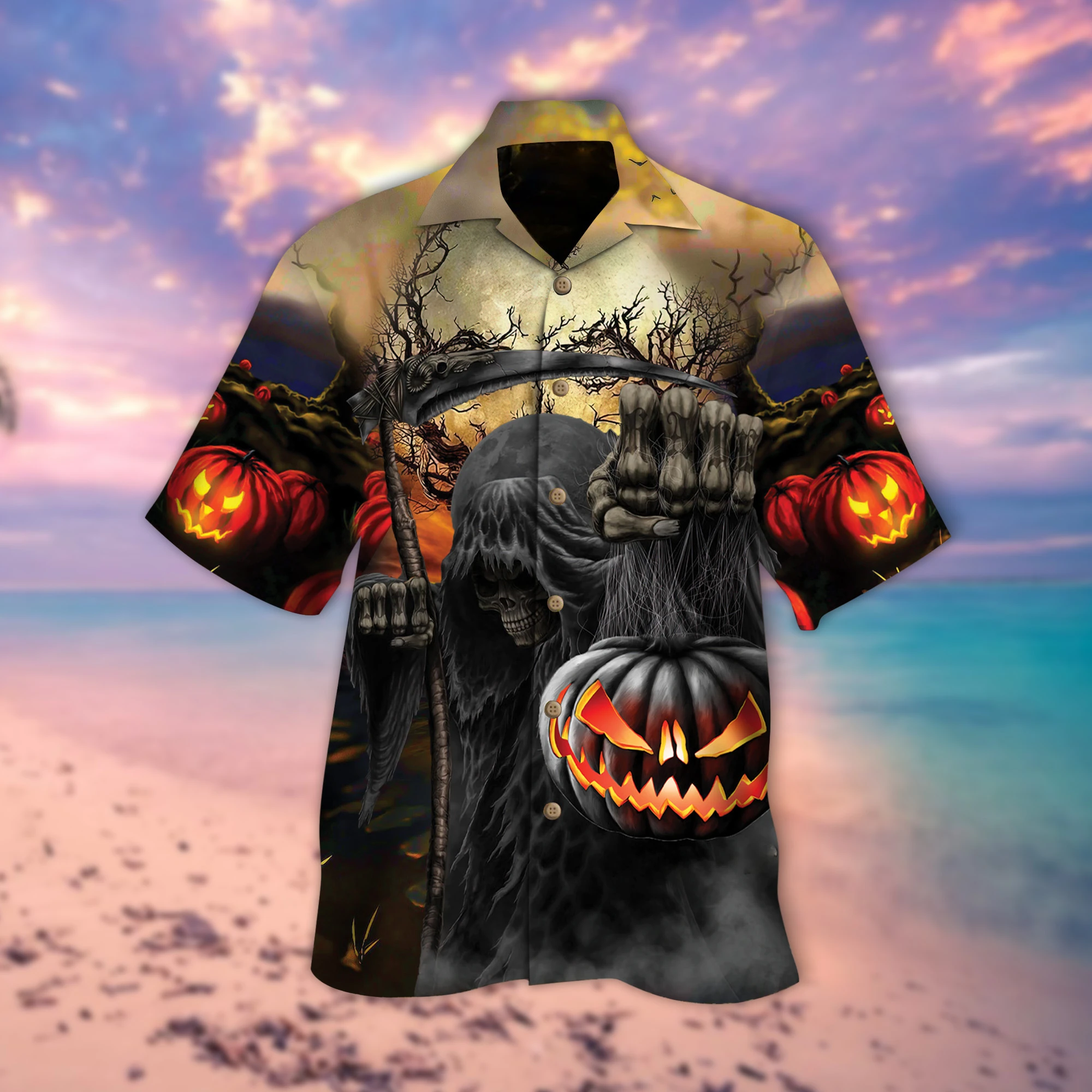 Pumpkin Patch Dark Reaper Skull Hawaiian Shirt