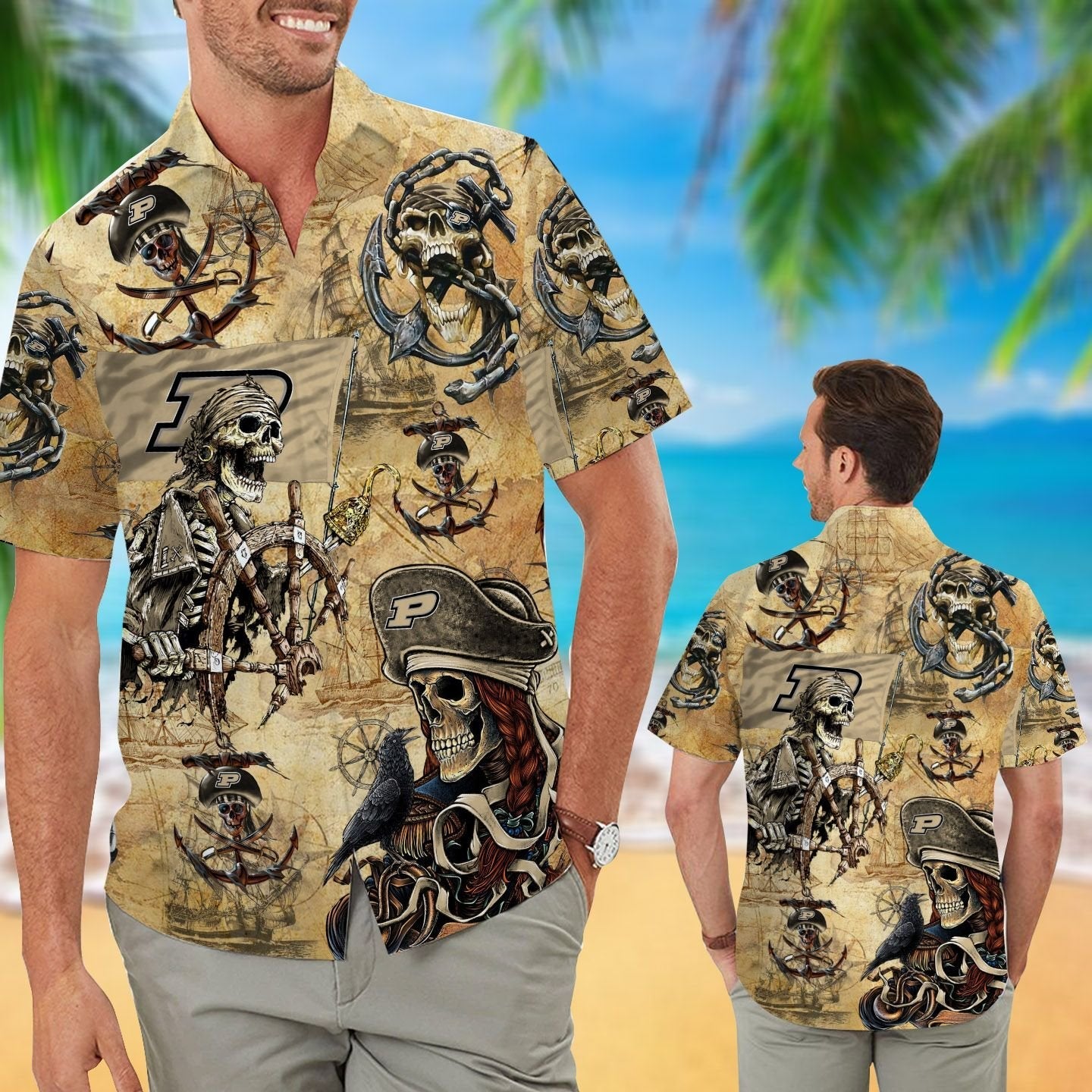 Purdue Boilermakers Pirates Aloha Hawaiian Button Up Shirt Retro Vintage Style Full Size For Sale Hawaiian Shirt