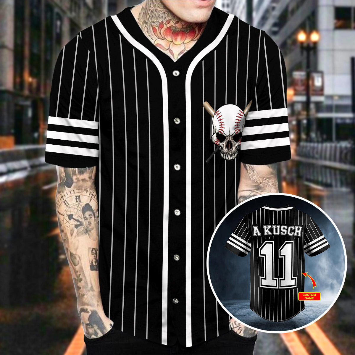 White Black Stripes No 11 Skull Personalized Baseball Jersey Shirts – Sport Shirts For Men – Personalized Shirt