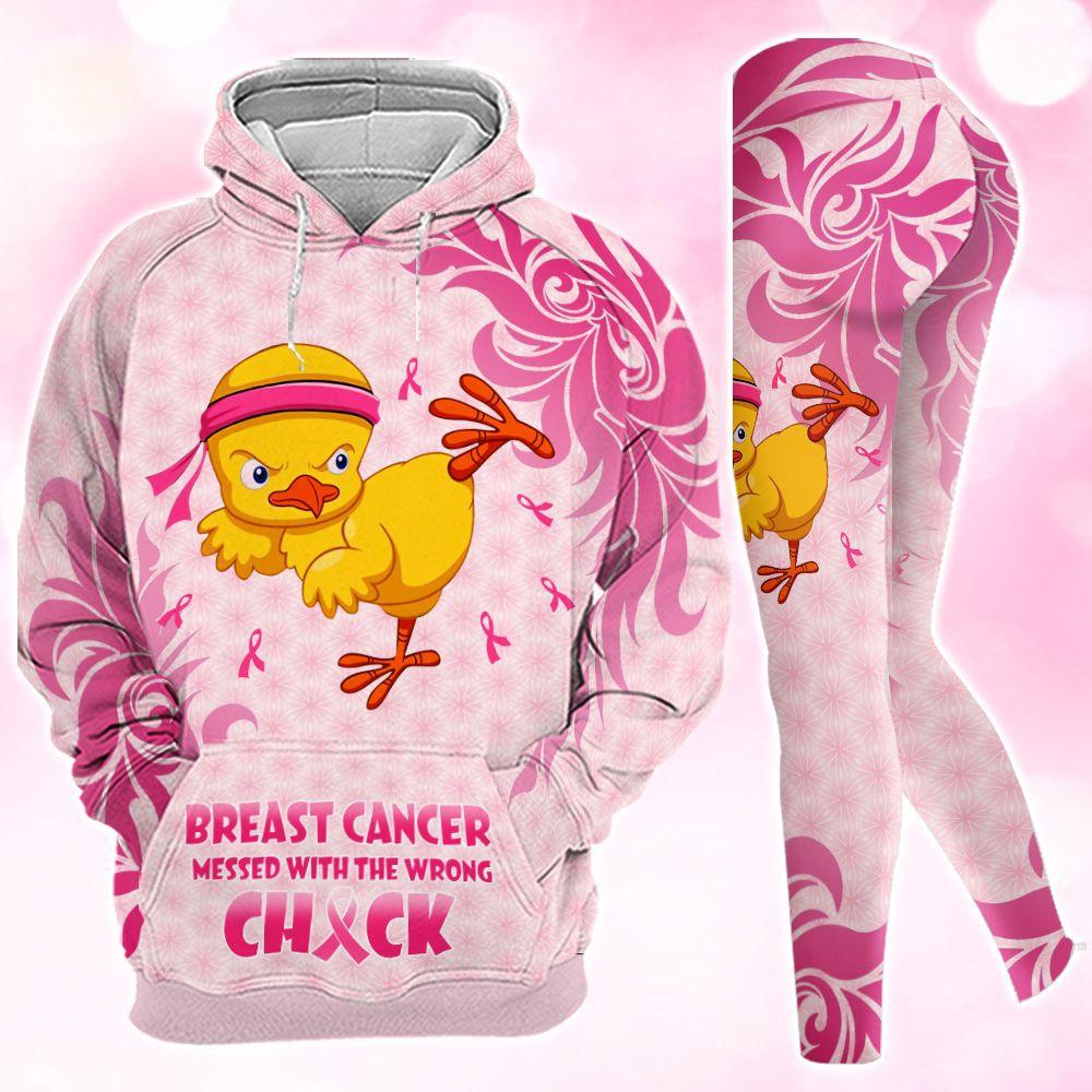 Breast Cancer Chicken Messed With Wrong Chick All Over Print Leggings Hoodie Outfit For Women - OwlOhh