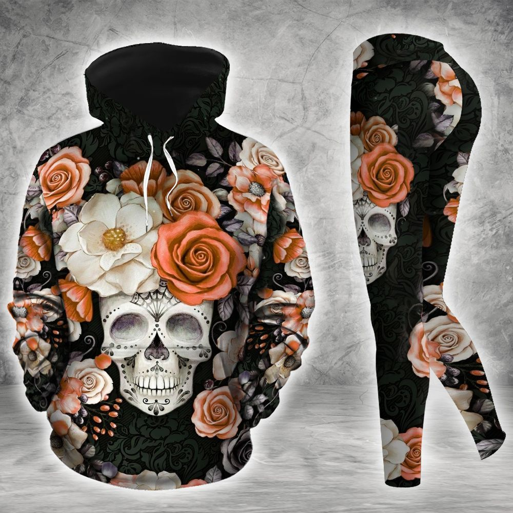 Flower Skull All Over Print Leggings Hoodie Outfit For Women  - OwlOhh