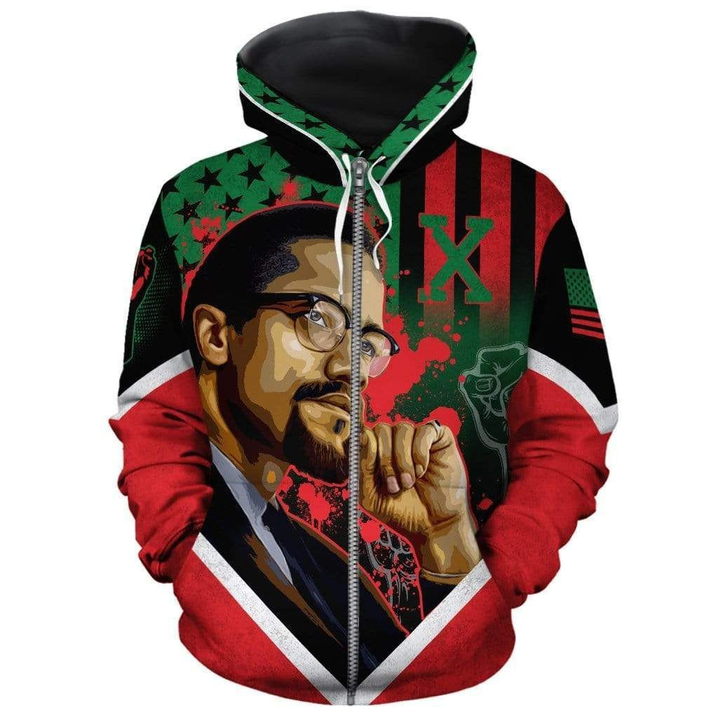 Hoodie – African American Flag Malcolm X Zip Hoodie – For Men and Women – OwlOhh