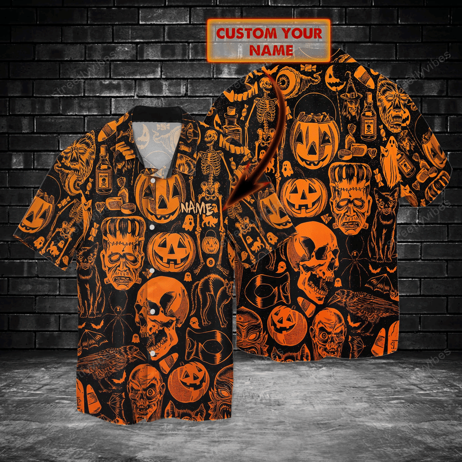 Personalized Halloween Gift Skull Pumpkin 3D Print Polyester Hawaii Shirt - OwlOhh