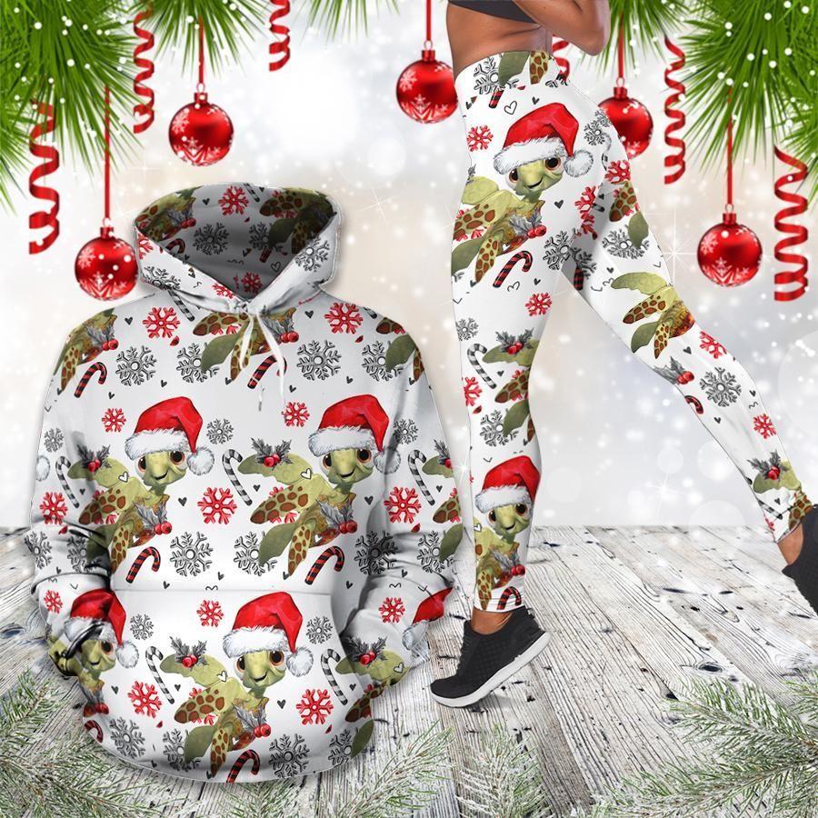Sea Turtle Merry Christmas White All Over Print Leggings Hoodie Outfit For Women  – OwlOhh