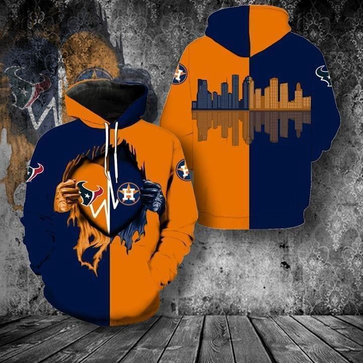 Texas Longhorns Houston Astros Heartbeat Love Ripped Pullover And Zip Pered Hoodies Custom 3D Graphic Printed 3D Hoodie All Over Print Hoodie For Men For Women  - OwlOhh